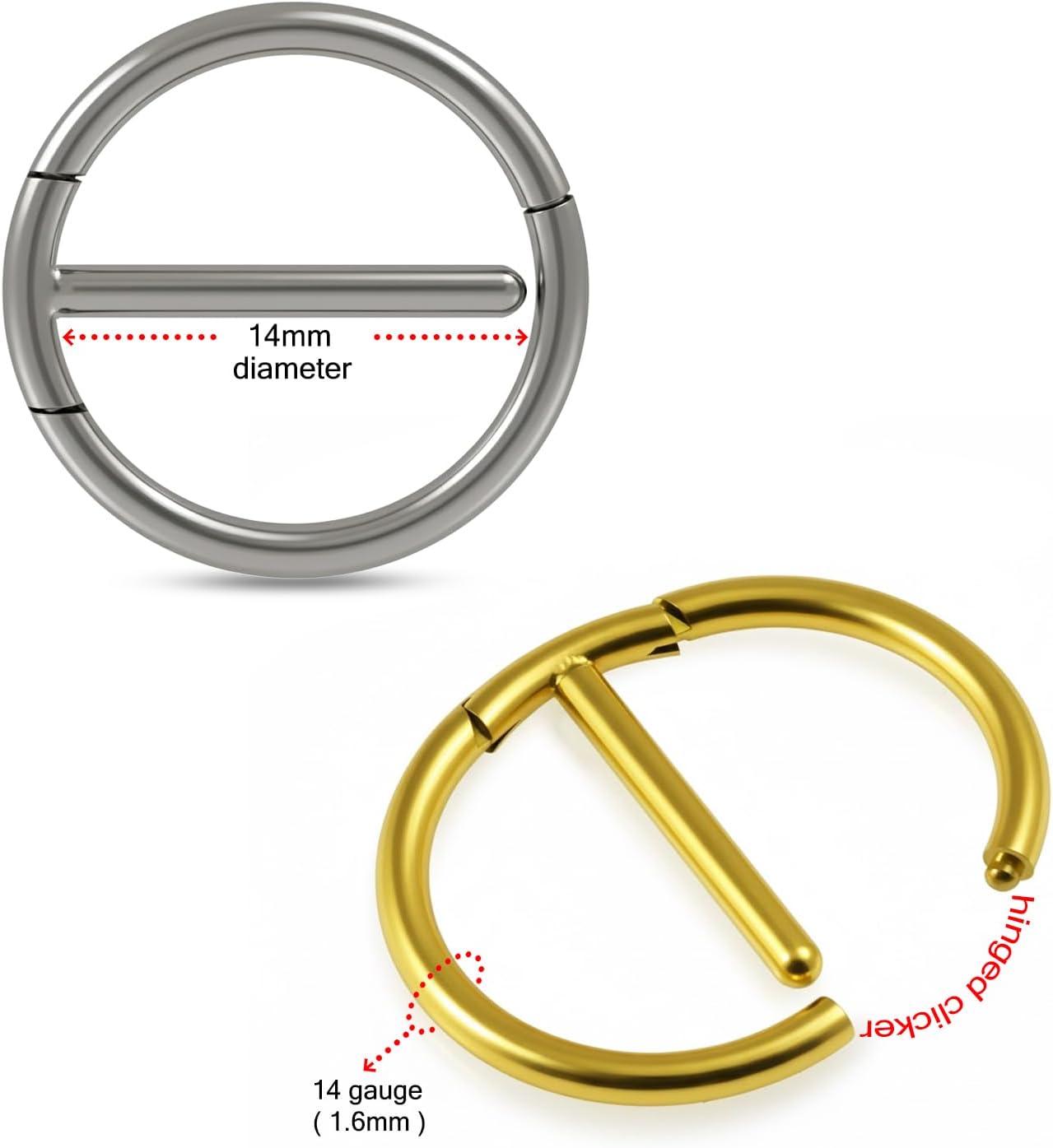 G23 Grade Titanium 14 Gauge Rounder Hinged Clicker Nipple Ring - Nipple Bar Piercing Body Jewelry