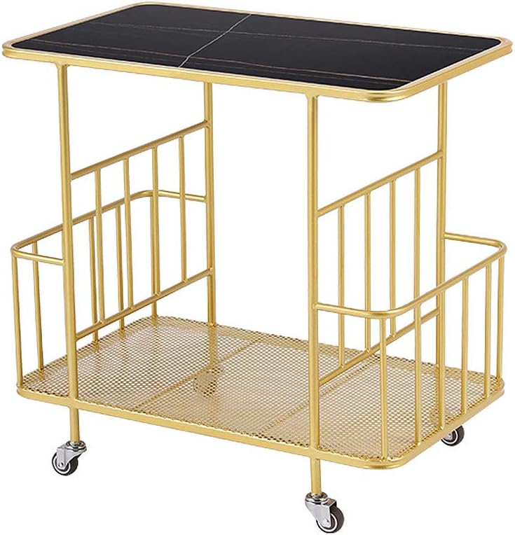 Side Table/End Table,Side Table, Sintered Stone Desktop Metal Frame, Rectangle Coffee Table with Storage Basket- with Wheels