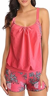 Traje de baño tankini de talla grande con aros y acolchado suave, detalle de bloque de color, ajuste holgado, parte superior tankini con parte inferior para mujer, con control de barriga, lazo en los