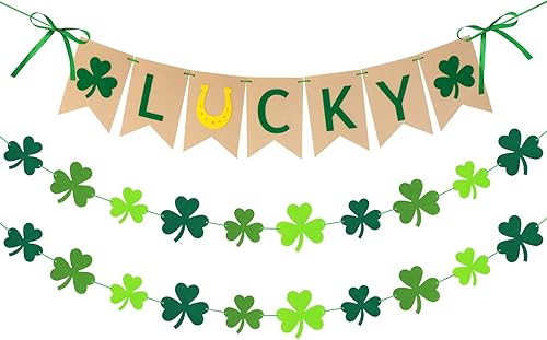 3 piezas de decoración del día de San Patricio pancarta de la suerte de fieltro premontada y pancarta de trébol guirnalda de banderines del día de