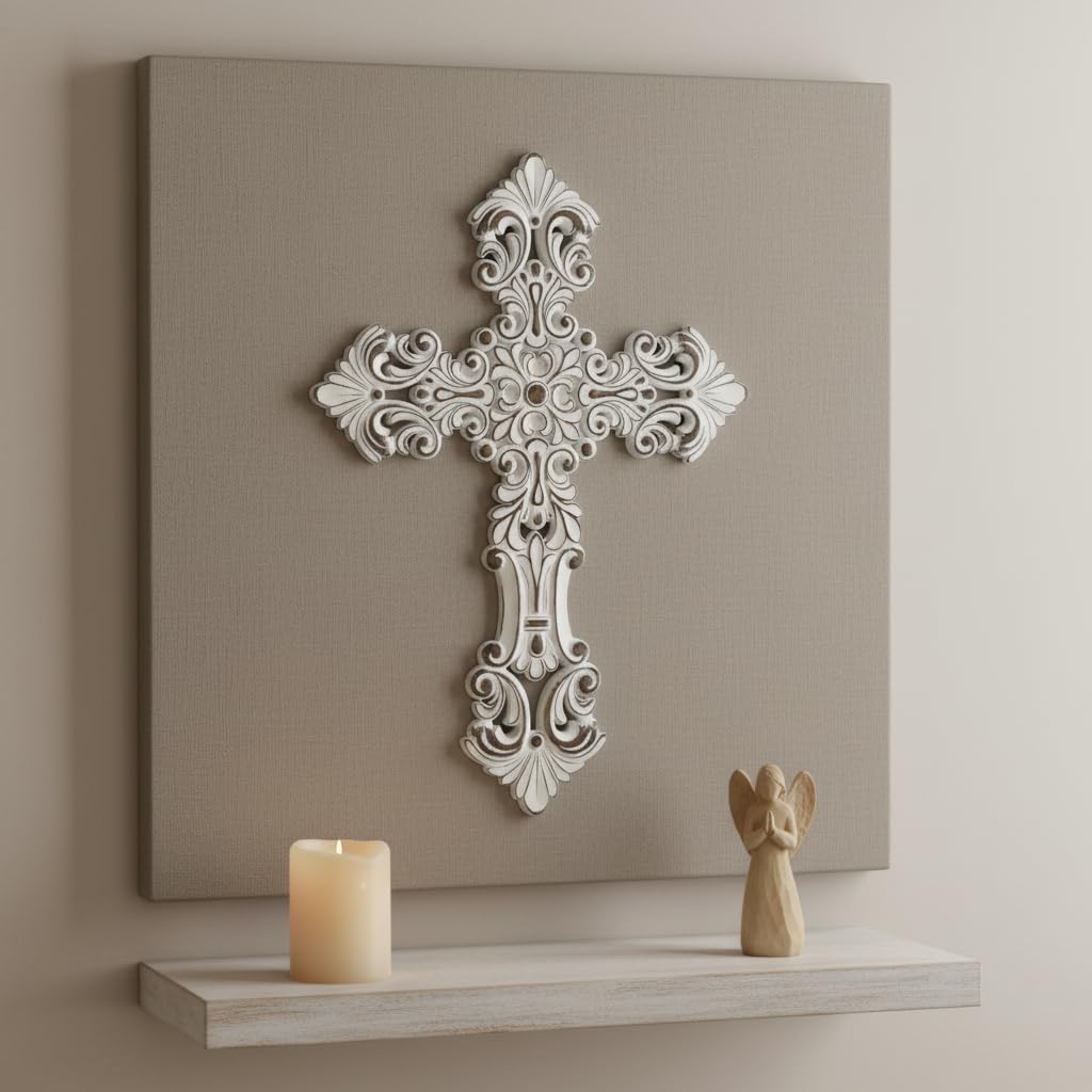 Comfy Hour 12" White Cross for Wall Decor, Decorative White Flower Hollow Out Religious Plaque, Artisan Finished Resin Wall Art for Home Sanctuary, Vintage Victorian Style, 1 Piece