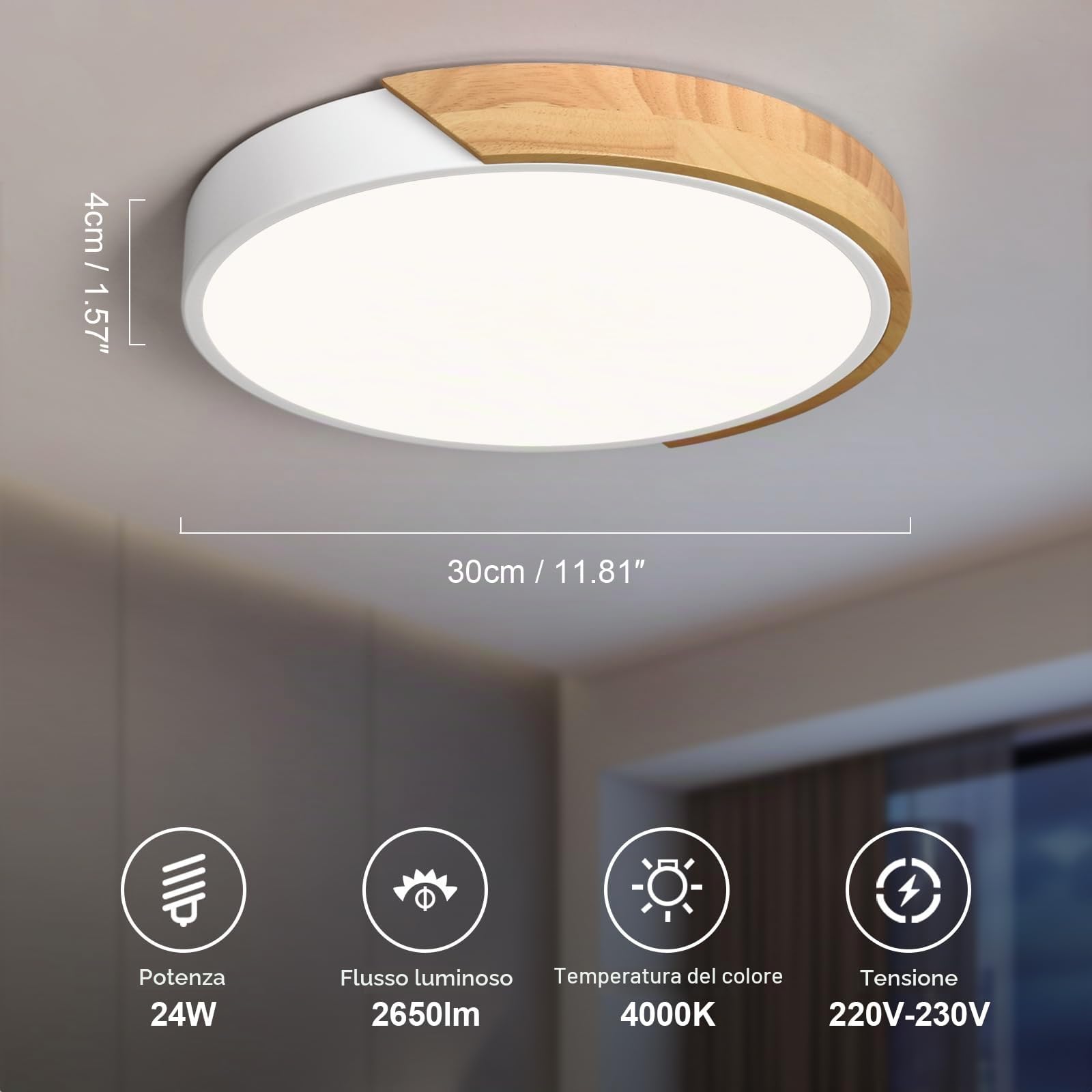 Plafoniera LED Soffitto Legno, Moderna Plafoniera led soffitto Bianco ，30 CM plafoniere da soffitto In Per Soggiorno Camera Da Corridoio Cucina Letto Bagno Soggiorno Balcone Studio(4000K 24W)