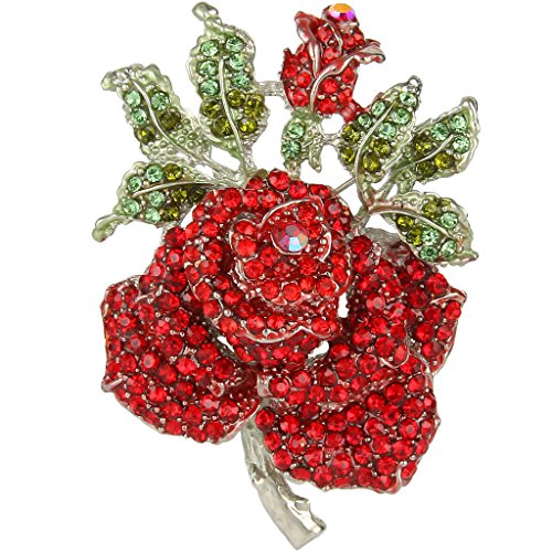 EVER FAITH Mothers' Gifts Austrian Crystal Enamel Rose Flower Leaf Brooch Red Silver-Tone