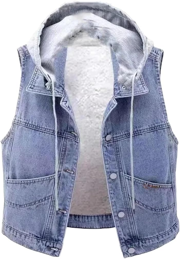Women's Fleece Lined Denim Vest - Lamb Fur Lined Sleeveless Shoulder Pad Winter Outerwear