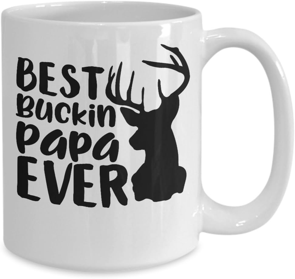 Best Buckin Papa Mug for Grandpa or Dad for Fathers Day Birthday Christmas Funny Deer Hunting Pun 11 or 15 oz. White Ceramic Coffee Tea Cup with Sayings for Men Him