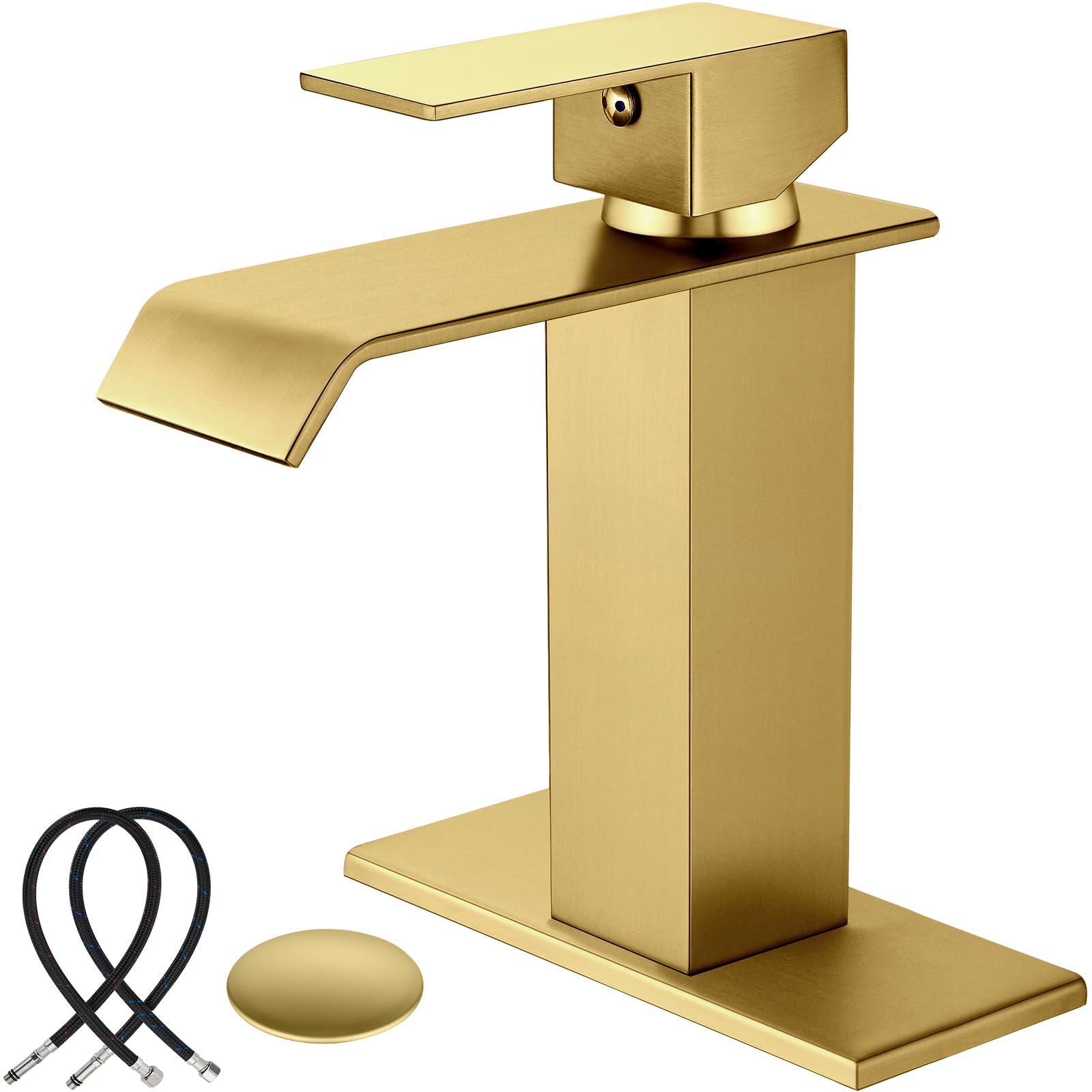 Sxithgkdw Gold Waterfall Bathroom Faucets, Single Handle 1 Hole Bathroom Sink Faucet Modern Rv Vanity Restroom Lavatory Basin Faucet With Pop Up Drain And Water Supply Lines,