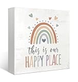 Mtrgdn Boho Rainbow Classroom Desk Decor,This Is Our Happy Place Wooden Box Sign for Nursery Playroom Classroom Homeschool Library Kids Room Desk Shelf Decoration,5x5 Inch