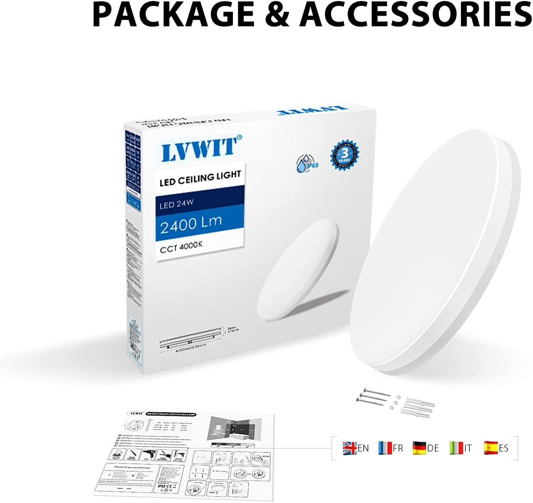 Package contents of the LVWIT LED Ceiling Light, showing the light fixture, manual, and installation hardware.