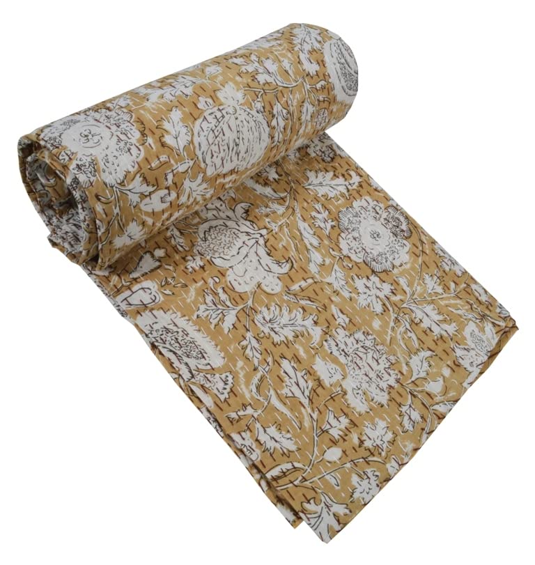 V Vedant Designs Floral Print Beautiful Kantha Quilt - Indian Hand Block Reversible Cotton Bedding Bedspread - Queen Size Vintage Kantha Gudari (Brown, Twin)