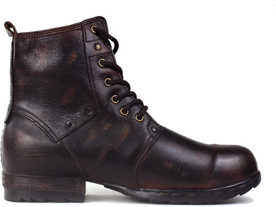 OSSTONE Vintage Brown Moto Boots for Men Fashion lace-up Leather Retro Chukka Boots Casual Shoes OS-6015-6-Vintage-US-R