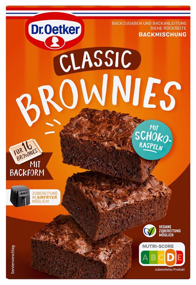 Dr. Oetker Brownies, Backmischung für dunklen Rührteig mit Raspelschokolade zum Zubereiten von 16 Brownies, inkl. praktischer Backform, 1er Pack (1 x 462g)