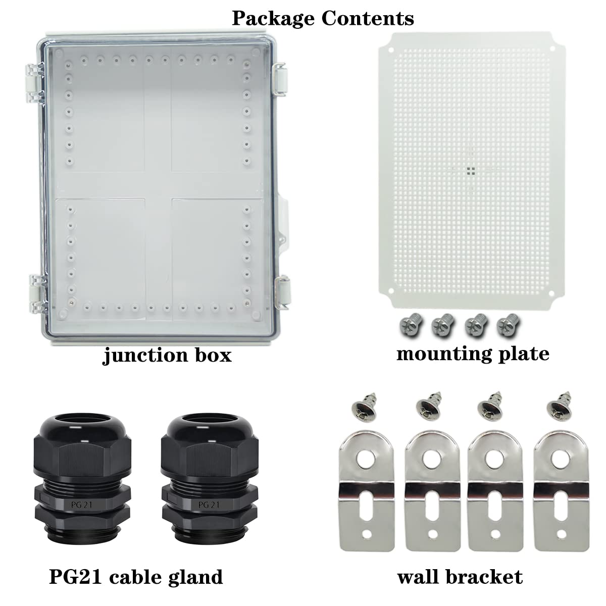 Zulkit Junction Box,IP67 Waterproof Electrical Box Hinged Clear Cover Stainless Steel Buckle Plastic Project Box w Mounting Plate Wall Bracket and 2 Cable Gland 17.7"x13.8"x7.9"/450x350x200mm