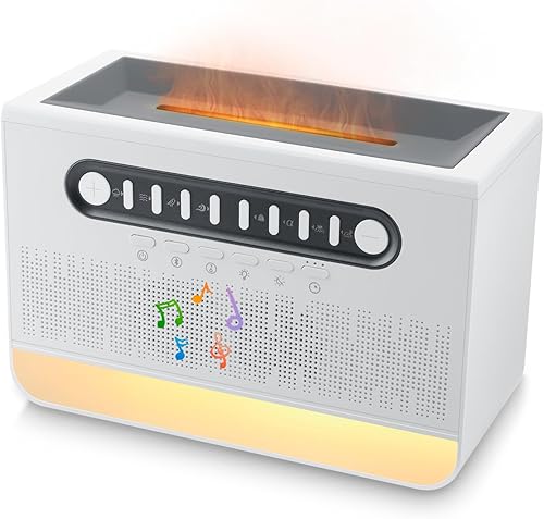 Humidificador con ruido blanco, máquina de sonido de lluvia con altavoz para dormir y yoga, difusor de llama colorida y luz nocturna con