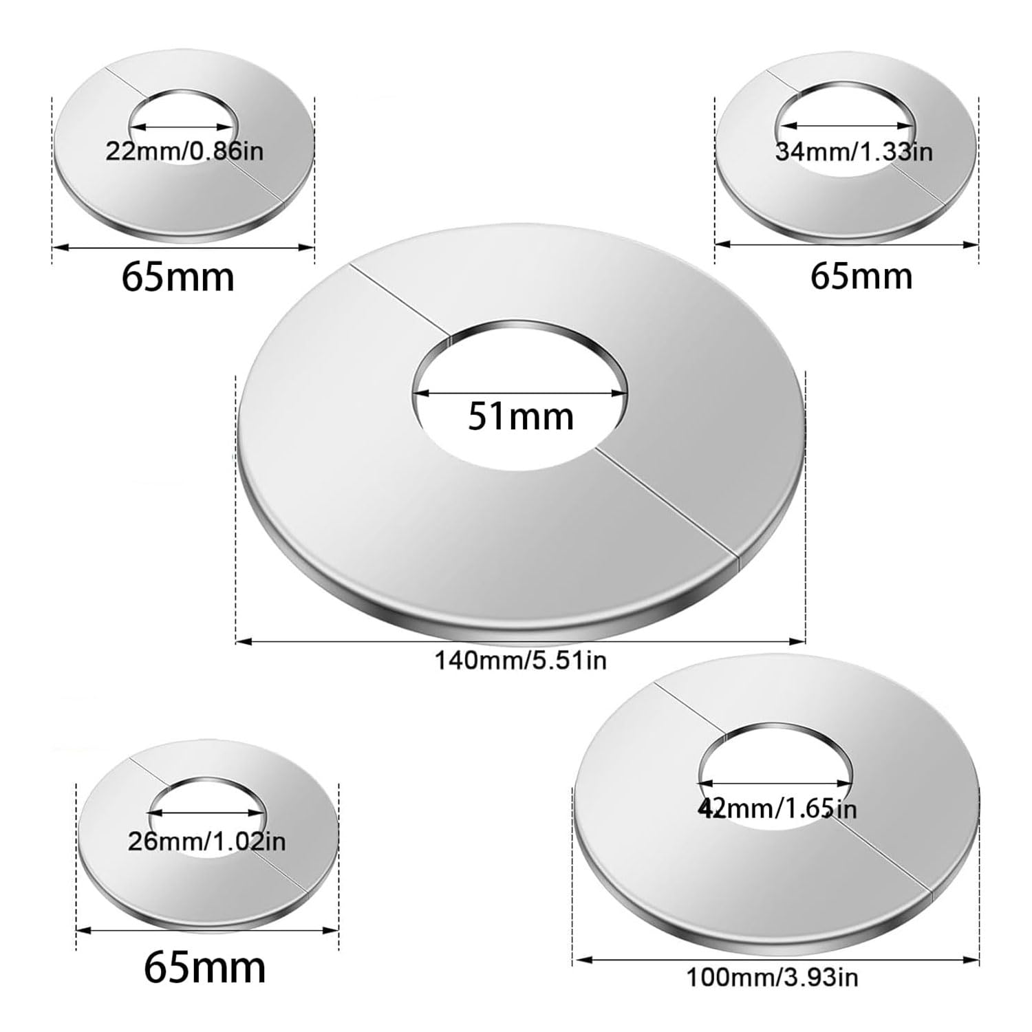JOYOLA 10 Pcs Rosace Robinet, Rosaces pour Tuyau de Chauffage Rosace Mitigeur Douche 22mm/26mm/34mm/42mm/51mm Inoxydable Cache Tuyau, Rosace Radiateur pour Robinets Tuyaux Robinets