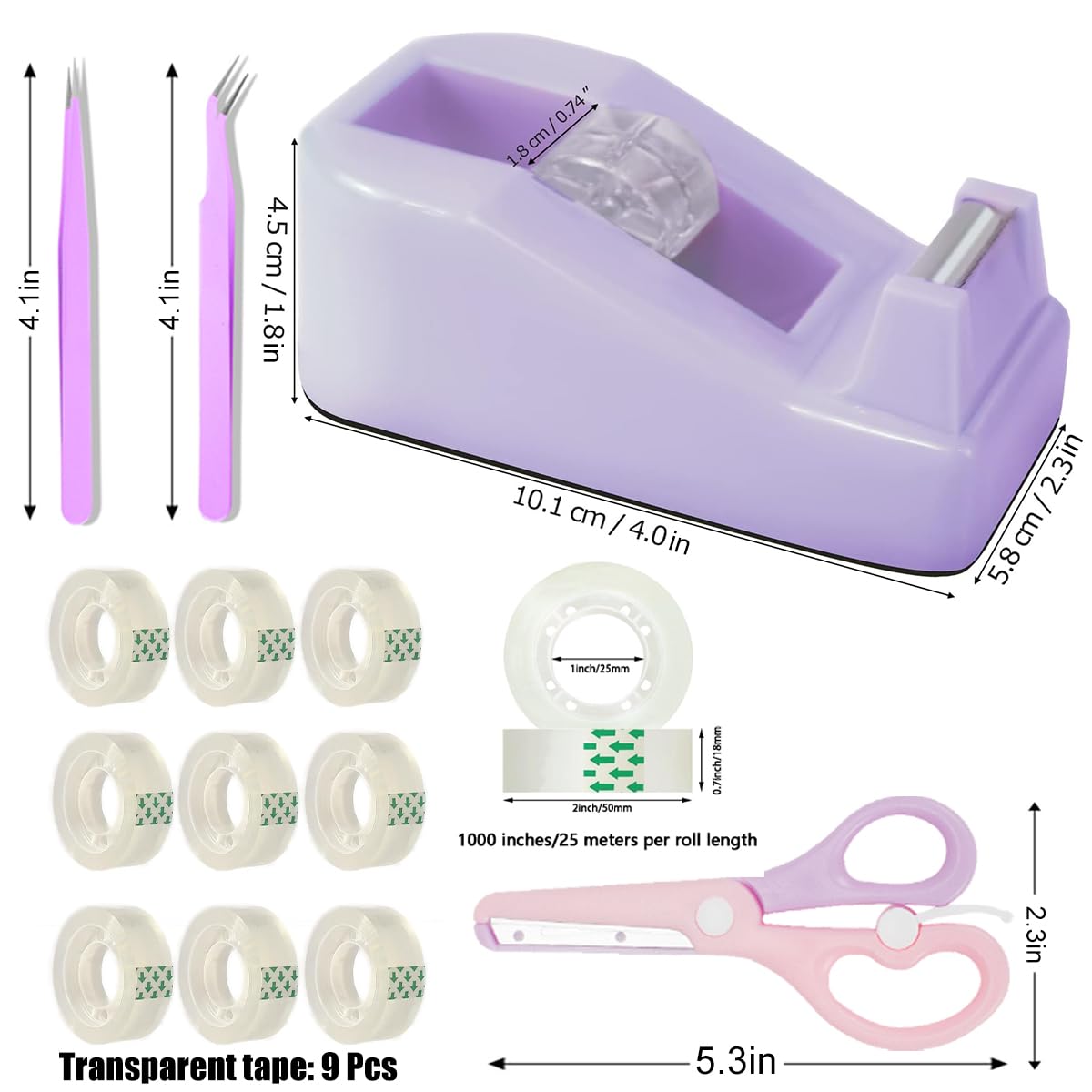 XEUZK Kits de dispensador de cinta de escritorio con dispensador de cinta antideslizante con peso, incluye 9 rollos de cinta transparente (0.71 pulgadas x 500 pulgadas cada uno) y tijeras rosas, 2