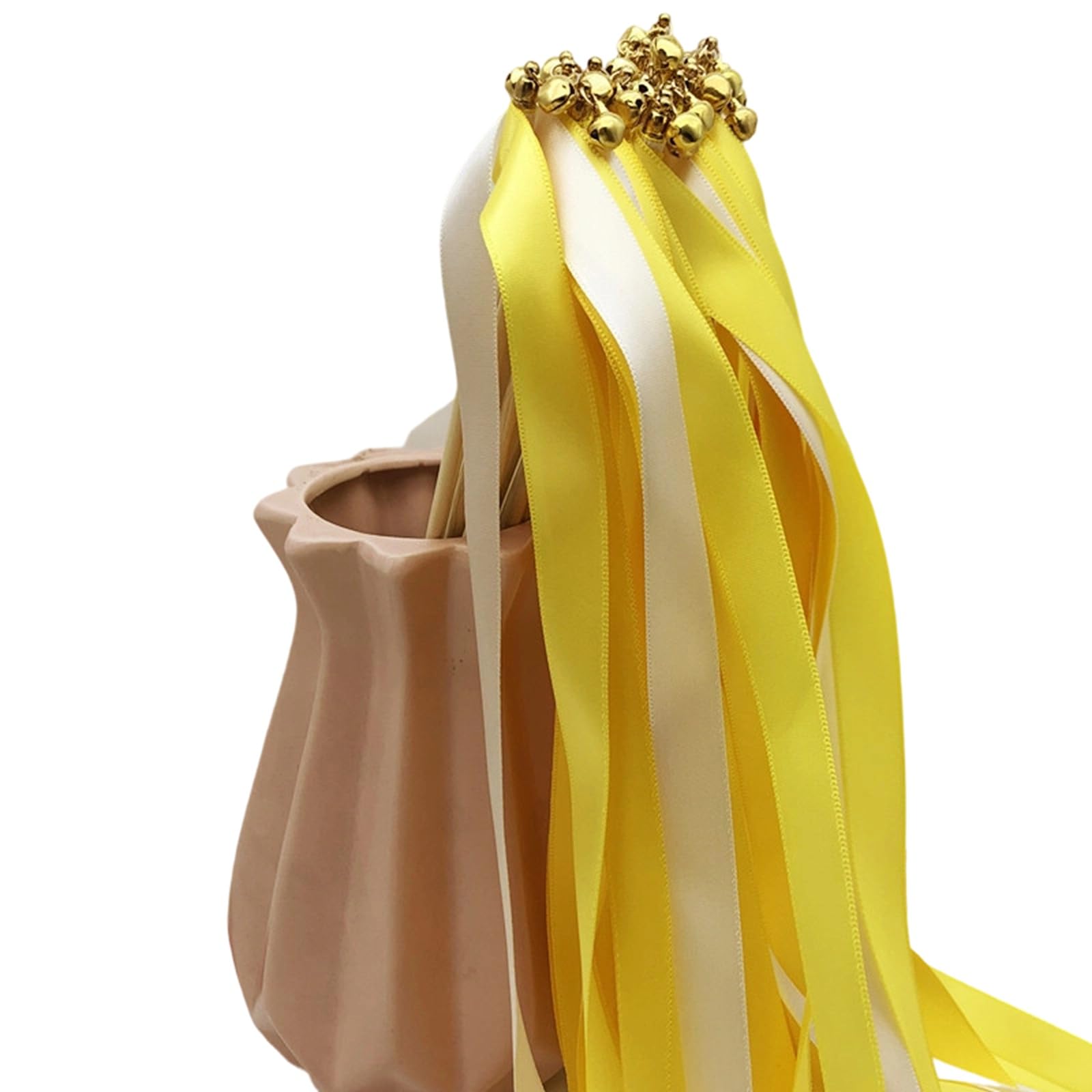 50 Stück Wedding Wands mit Glocke, Zauberstäbe Luftschlangen, Gelb | Seide Fee Stick, Band mit Holzstäbchen Werden, Ribbon Wedding Wands Stick, Hochzeit, Partys, Geburtstage, Urlaub Feiern