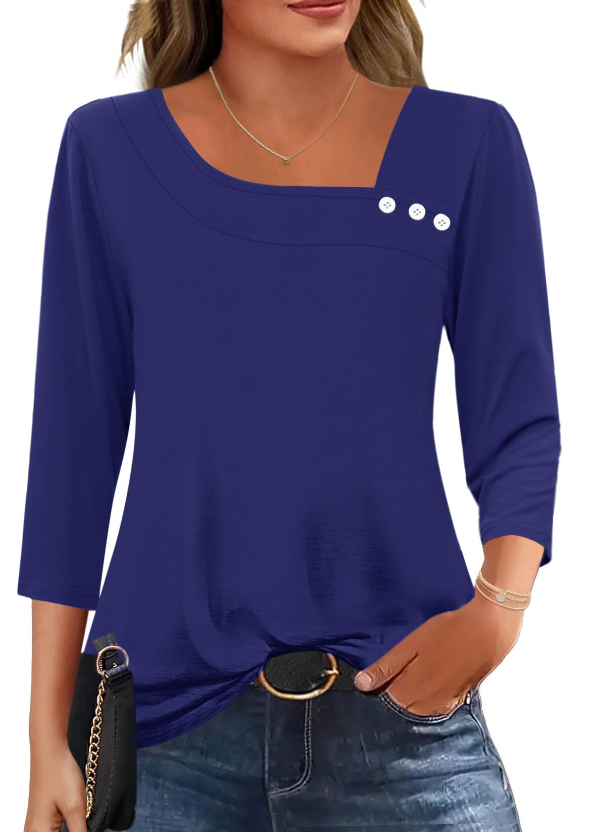 Kistore Bluse Damen 3/4 Arm Asymmetrischer Ausschnitt Tunika Sommer Tops Locker Shirt Elegant Lässig Oberteil S-2XL