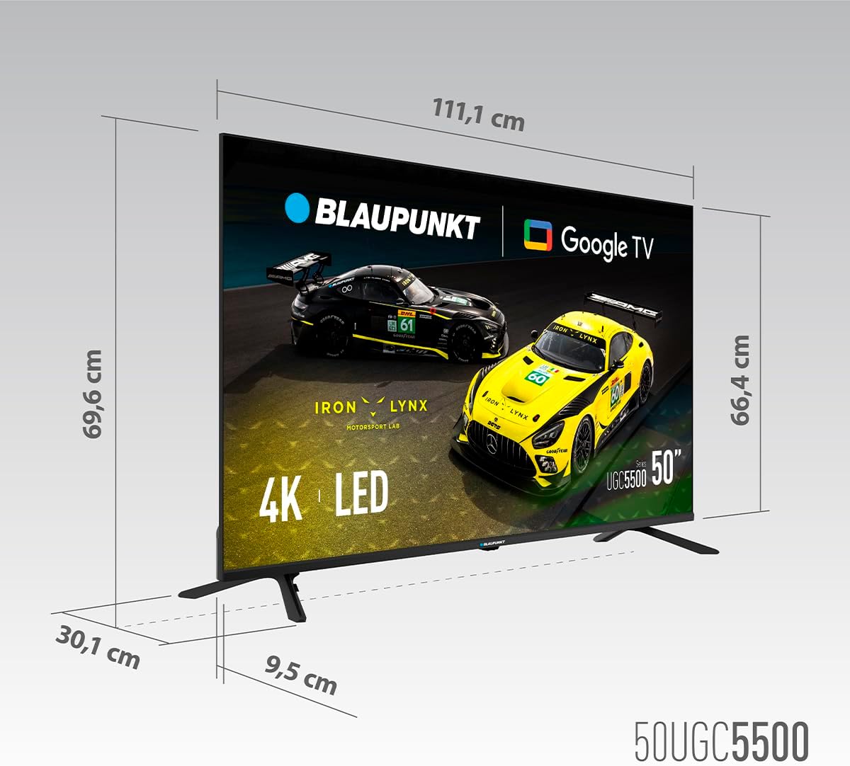 Diagram showing the dimensions of the Blaupunkt 50UGC5500S 50-inch Smart TV, including width, height, and depth with the stand.