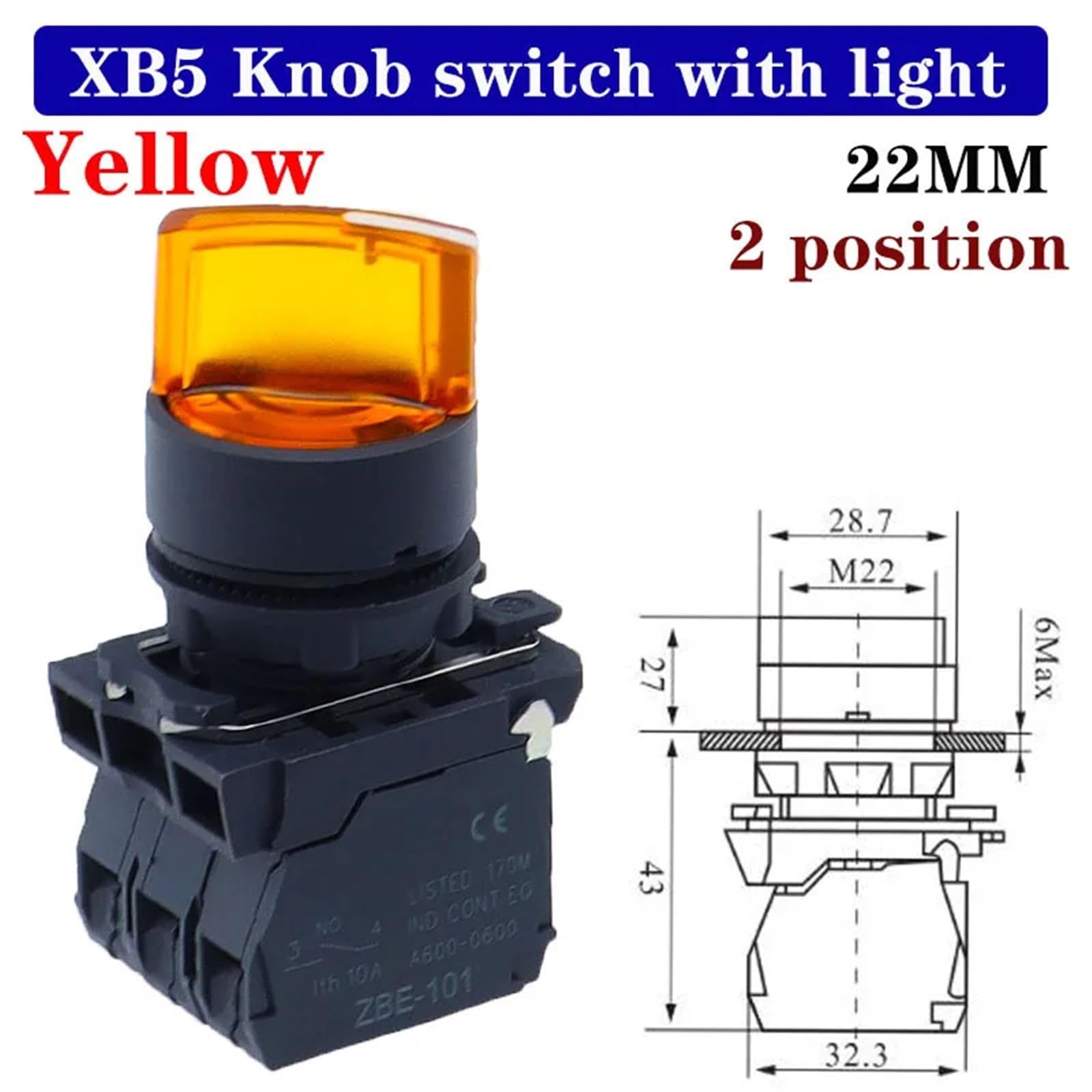 1 bouton lumineux XB5 interrupteur momentané NC NC NO 220V 24V 22mm(Knob 2end Yellow,1NO1NC,220 V)