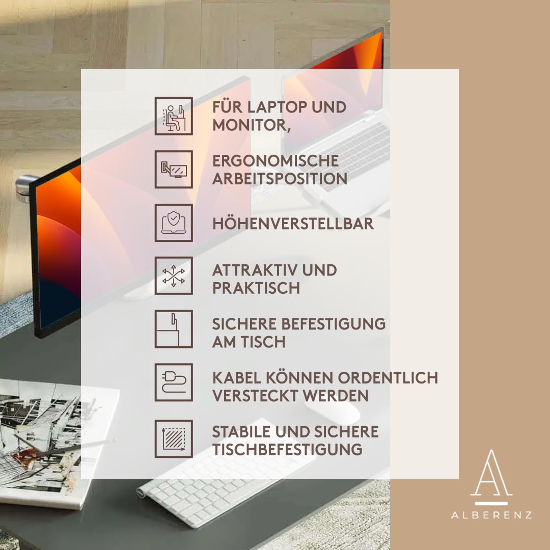 Soporte 2 en 1 para ordenador portátil y monitor, doble brazo ajustable, para portátiles de 12 a 17 pulgadas y monitores de 17 a 32 pulgadas, diseño ergonómico, altura regulable e