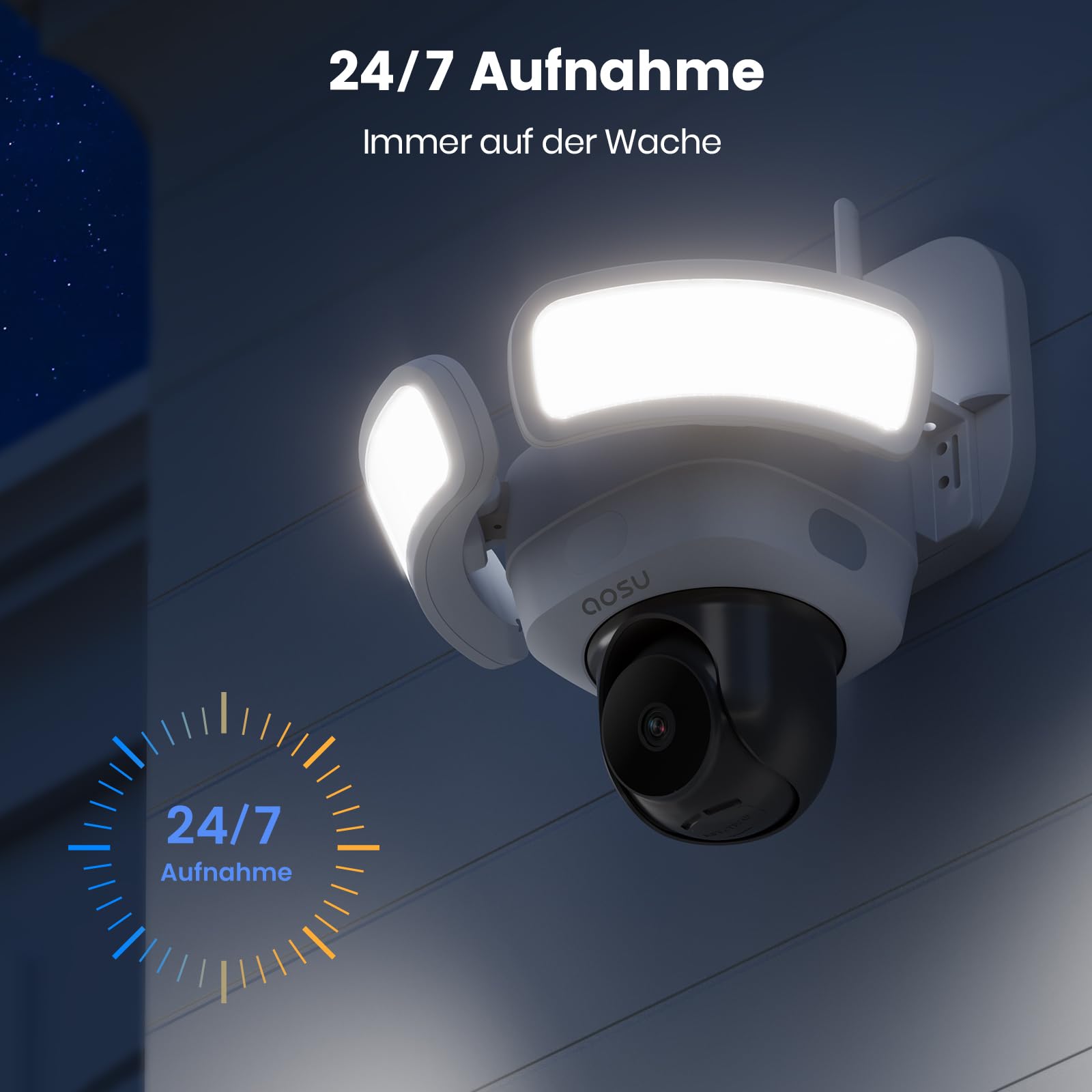 aosu 3K Aubenleuchte mit Kamera, 2600LM, 24/7 Aufzeichnung, KI‑Erkennung | 270° PIR-Erkennung & 360° Rundumabdeckung, Smarte Flutlichtlampe, 2,4‑GHz‑WLAN, Wetterfest IP65, für Gärten/Einfahrten