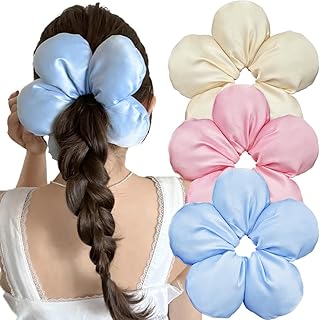 女性用大きなフラワーサテンヘアシュシュ3点。女の子用のかわいい花柄シルクヘアタイ、ファッション韓国ポニーテールホルダー。伸縮性のあるヘアバンド、特大フラワーヘアアクセサリー。太い巻き毛用。