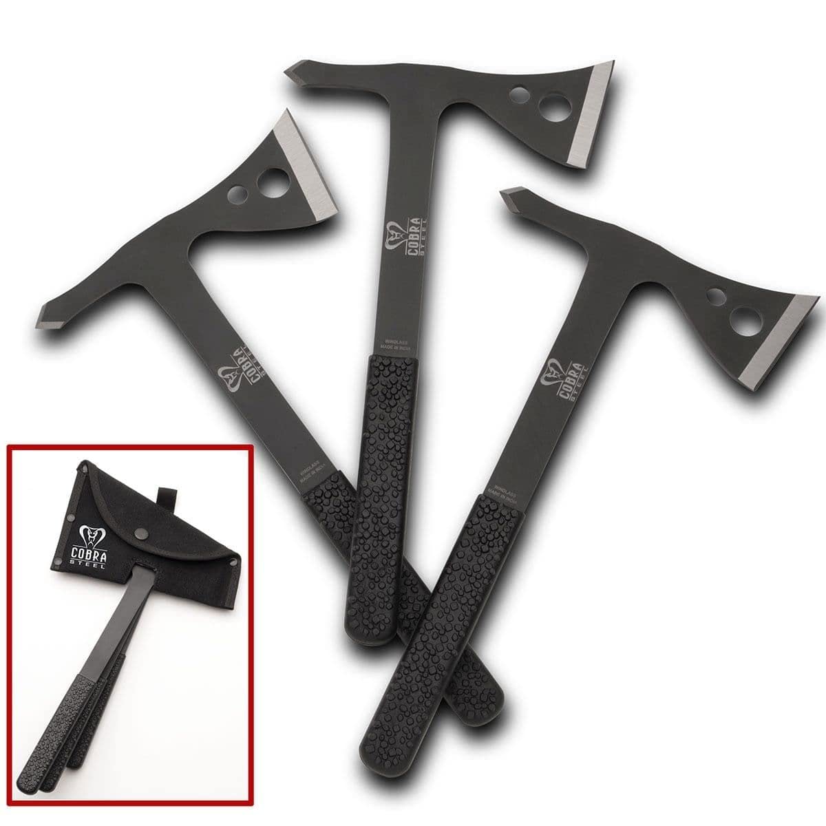 Windlass Cobra Steel Tactical Throwing Axe Set - Lightweight with Sharpened Back Spike, Rubber Handle, and Fabric Belt Sheath