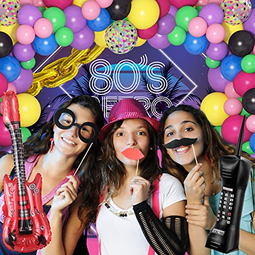 80S 90S Theme Party Decorations, 100Pcs Disco Balloon Arch Garland Kit With 12Pcs Inflatable Radio Retro Mobile Phone Guitar Gold Foil Chains Balloons Decor For Back To 80S 90S Hip Hop Birthday Party #TOP4