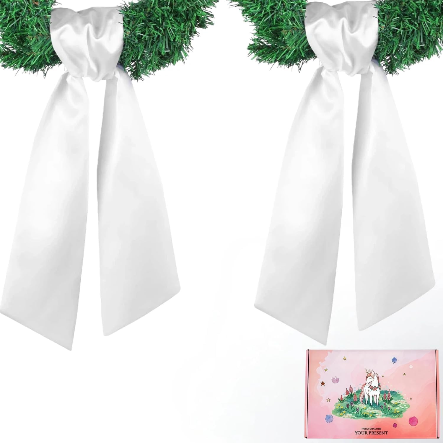 2 Pack White Wreath Sash for Front Door with Gift Box, DIY Embroidery Satin Blank Wreath Sash Accessories Porch Garden Decor for Easter Mother's Day Bouquet Wedding Anniversary (Unicorn)