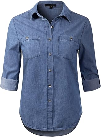 Design by Olivia Womens Roll Up Sleeve Button Down Chambray Denim Shirt