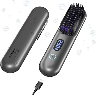 Cordless Hair Straightener Brush-Portable Straightening Comb, 9600mAh Batt, Plasma Tech, 9 Temp-Settings & LED Display, for Travel & Home (Metallic Grey)