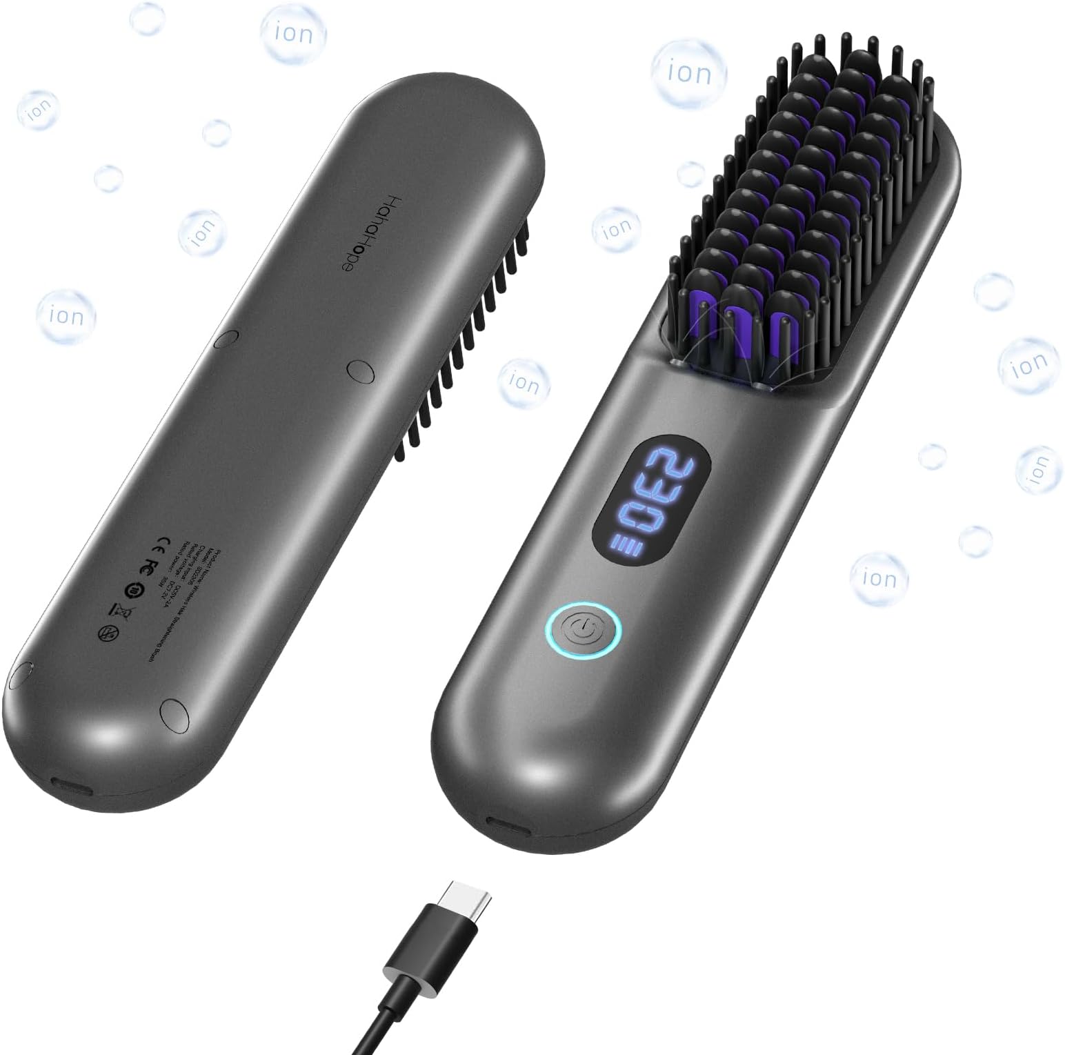 Cordless Hair Straightener Brush-Portable Straightening Comb, 9600mAh Batt, Plasma Tech, 9 Temp-Settings & LED Display, for Travel & Home (Metallic Grey)