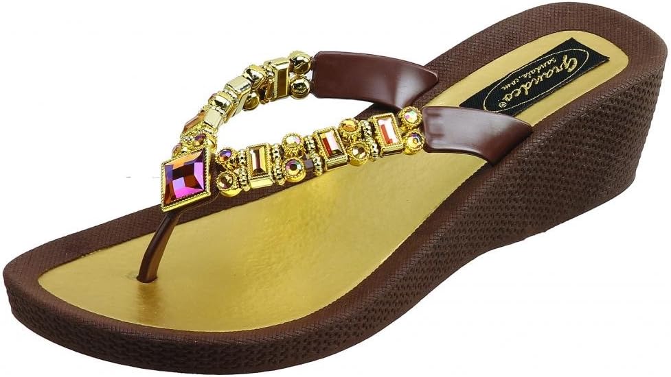 Grandco Women's Lily Wedge Thong Brown Sandal 8 M US Shoes