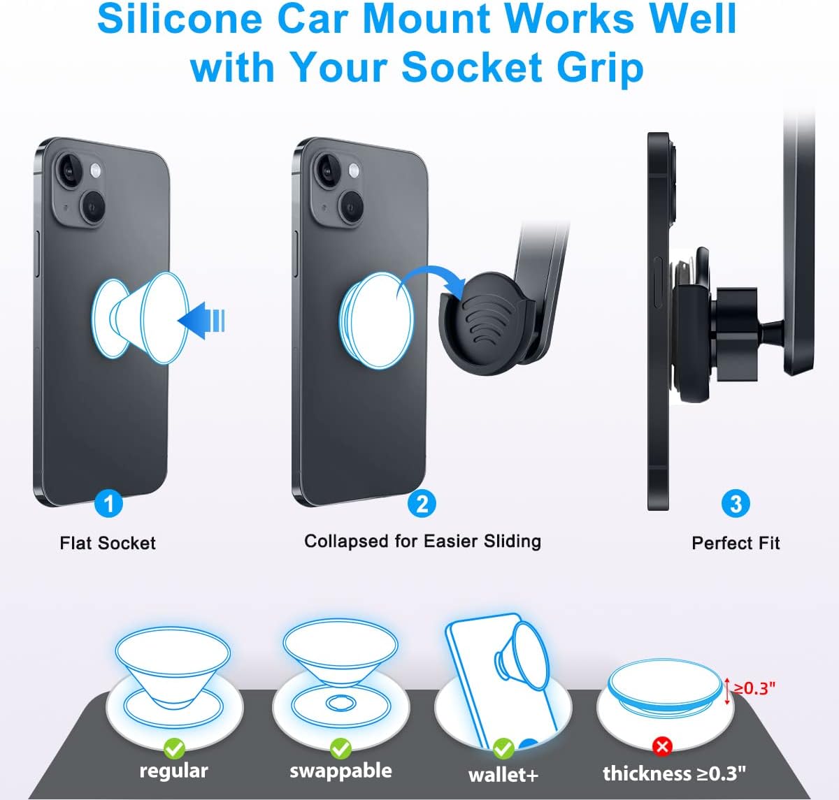 pop-tech Suction Cup Phone Holder for Socket Users, Dashboard Car Phone Mount for Collapsible Grip with Adjustable 360°Rotation, Includes 3M Sticky Adhesive Replacement for Expanding Stand - Black