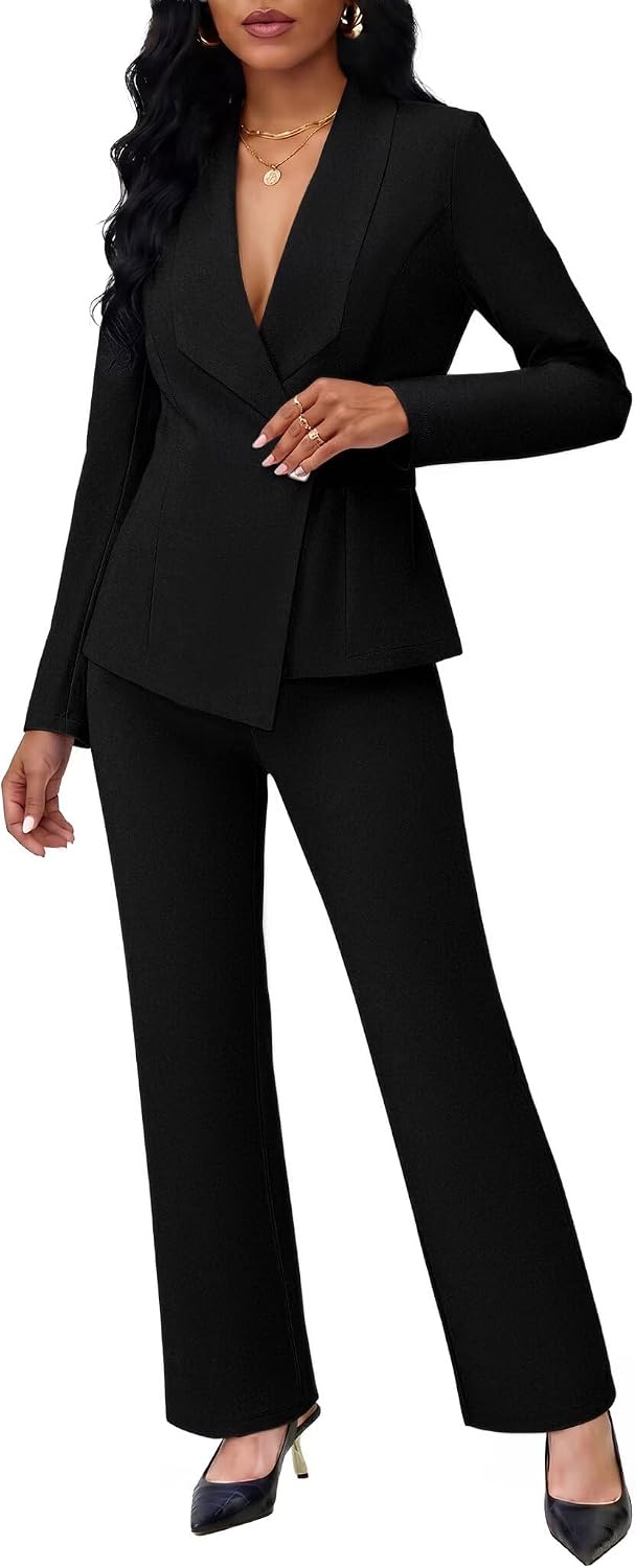 Ophestin Women's 2 Piece Blazer Outfits Asymmetrical V Neck Suit Sets Work