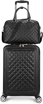 feilario 24in 2 Piece Set Travel Leather Softside Carry On Luggage Double Spinner Wheels Checked Suitcase