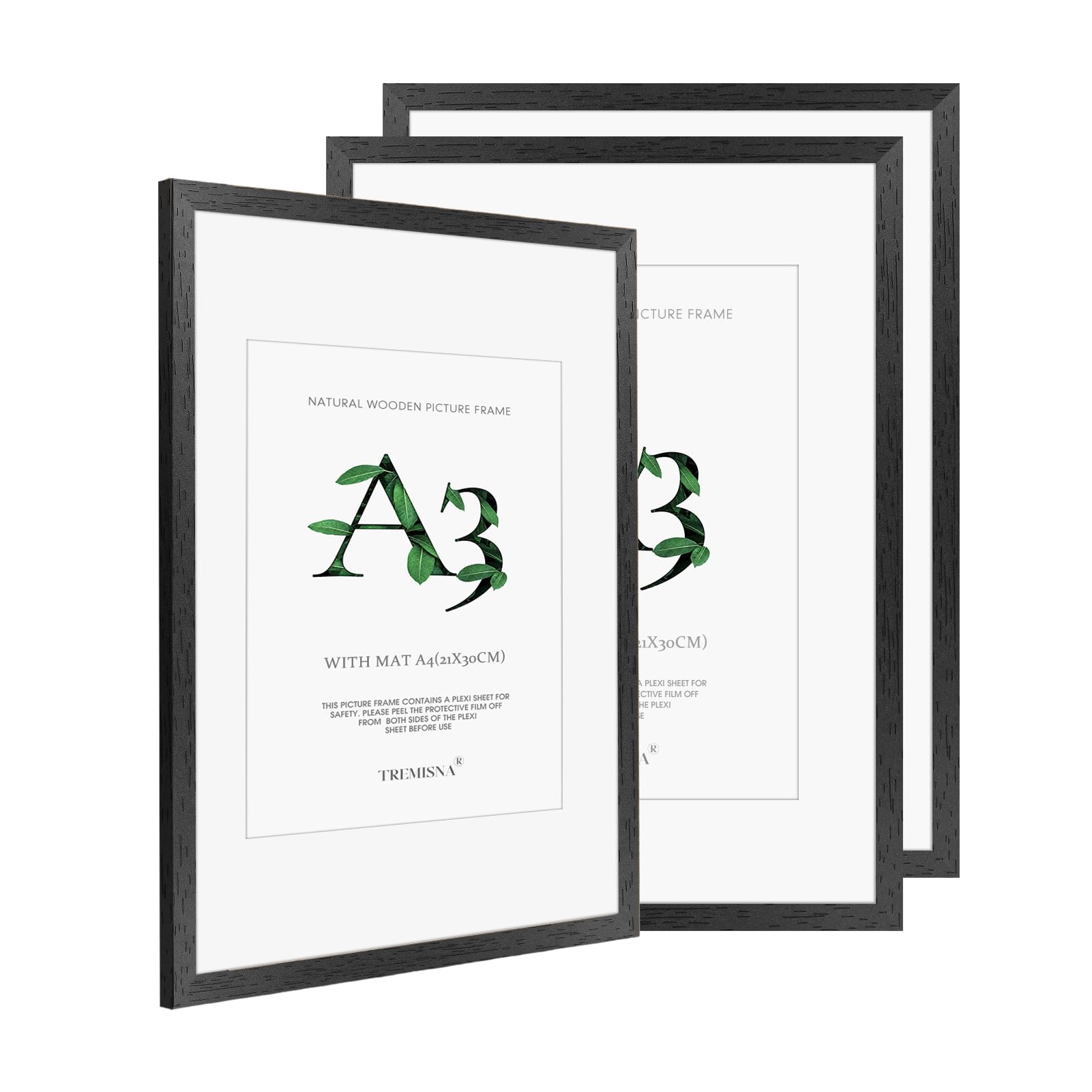 Tremisna® 3x A3 (29.7x42cm) Black Wood Picture Frame with Removable Mat for A4 (21x29.7cm) or Use Without Mat for A3 Prints, Includes HD Perspex – Wall Mountable