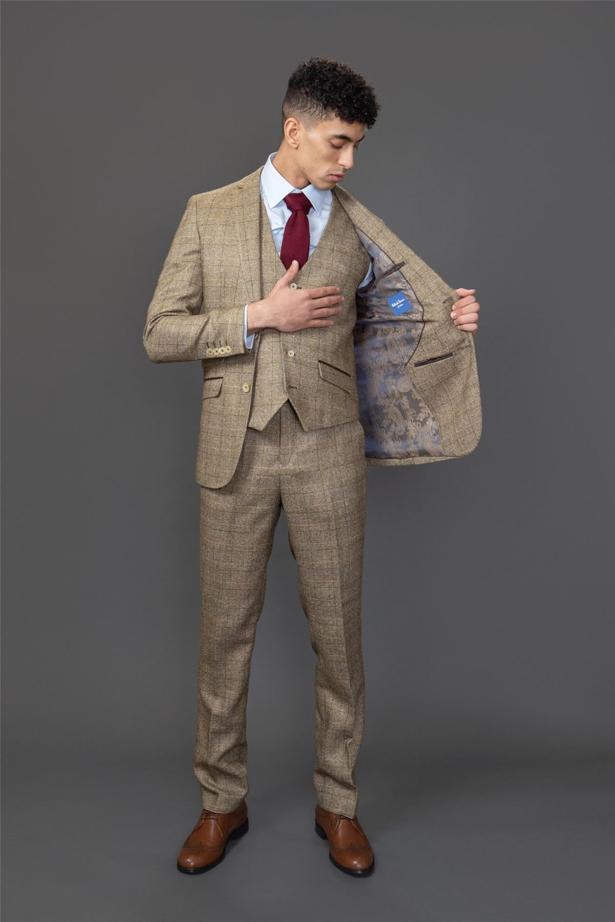 Abito da uomo 3 pezzi marrone a quadri slim fit abito formale