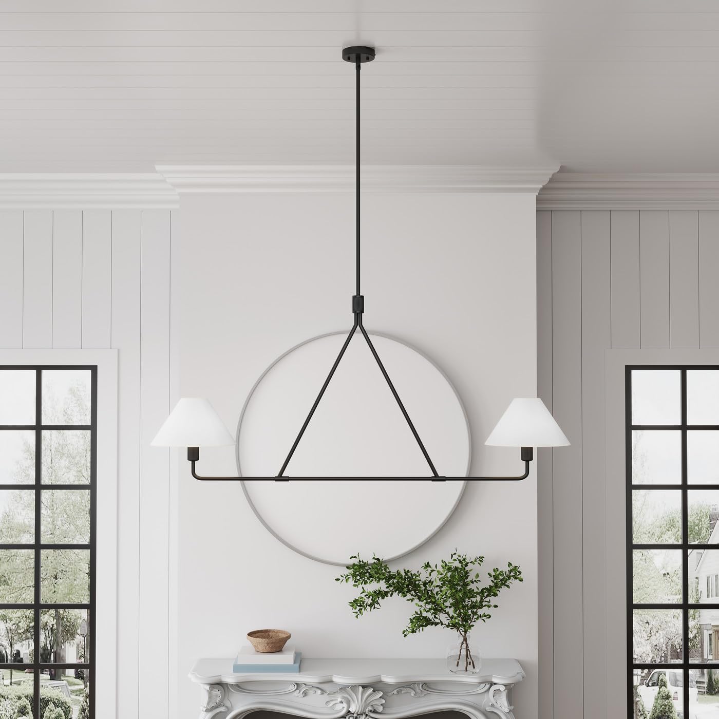 Modern 2-Light Kitchen Island Lighting 46.45 inch Matte Black Linear Chandelier with Fabric Shade Classic Farmhouse Pendant Lights Over Table for Dining Room Bar E12