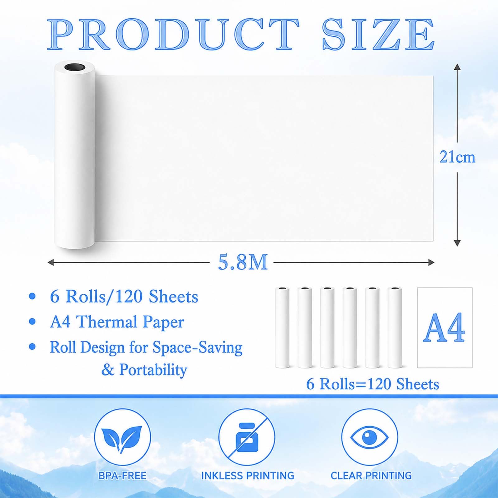 Papier Thermique A4 6 Rouleaux, Sans BPA, Séchage Rapide, 21cm x 6.2m, 21 Feuilles/Rouleau pour Impression