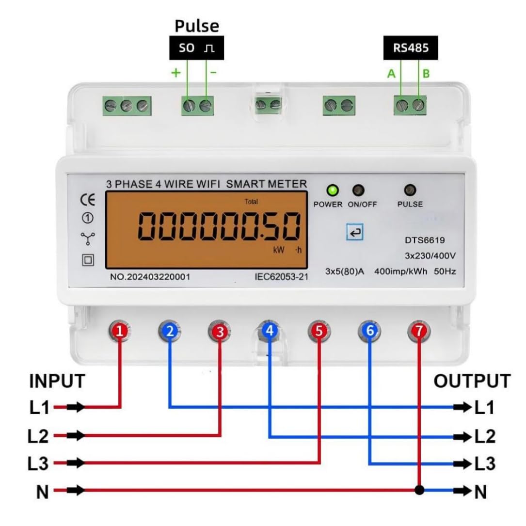 3 Fase 4 fili WiFi intelligente contatore di energia Tuya APP Monitor，100A | Tensione Corrente Fattore di potenza Frequenza DIN Rail kWh Meter
