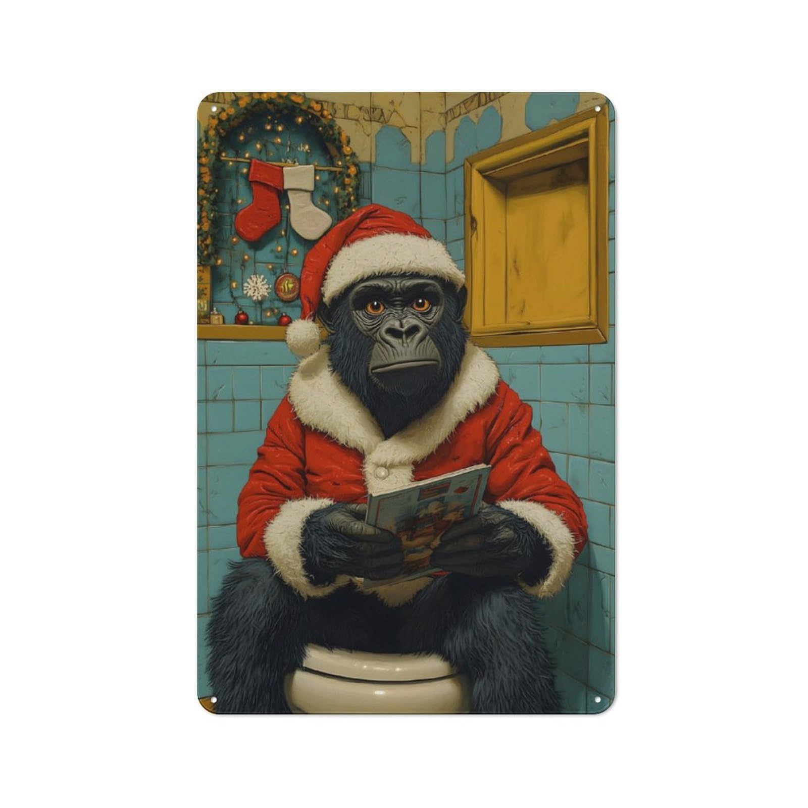 Junmoney Gorilla Santa On Toilet Christmas Retro Metal Sign 30X20cm For Garden Room Or Summerhouse, For Garden Room Decor Fans