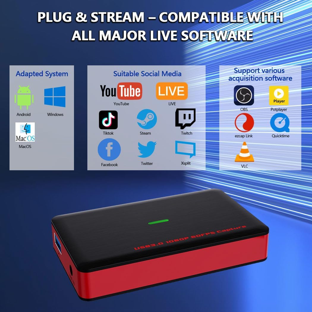 4K30 HDMI Game Capture Card 1080p60, USB 3.2 Gen 1 Type-C & USB-A, Zero-Lag Pass-Through, 3.5 mm Line-in, Plug-Play for PS5/Xbox/Switch/DSLR/iPad Pro/Mac/Windows/OBS, Pocket