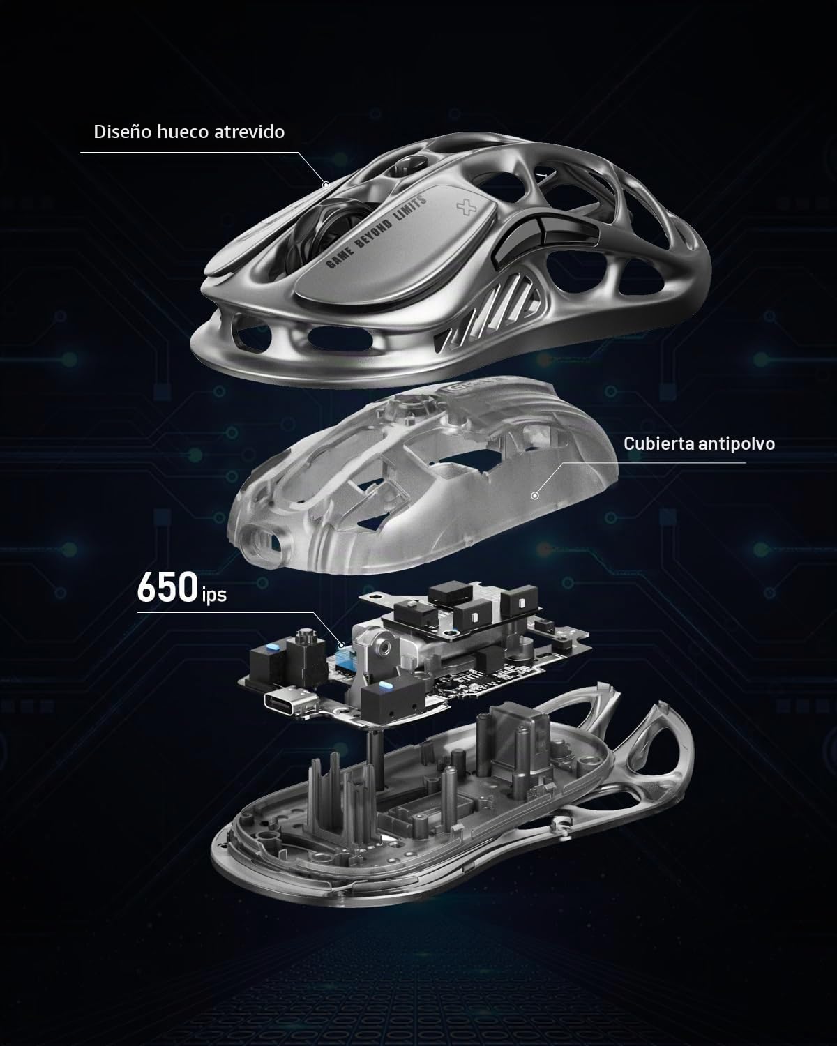 GravaStar Mercury M1 Pro Ratón inalámbrico para Juegos, Ratones para Juegos MMO de aleación de magnesio, 26.000 dpi, Diseño Hueco Ligero de 88 g, 5 Botones programables, 5 Modos RGB, Gris plomizo