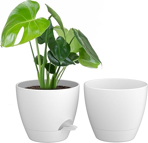 ZMTECH Paquete de 2 macetas de 10 pulgadas con borde de riego automático con agujeros de drenaje y platillo extraíble, maceta de plástico para