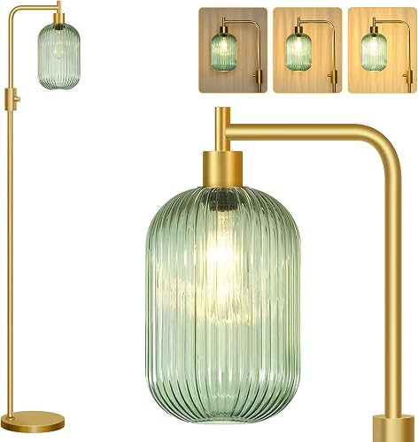 【Upgraded】 Dimmable Glass Floor Lamp for Living Room, Modern Gold Standing Lamp with Green Ribbed Glass Lampshade & Knob Dimmer, Arc Tall Lamp for Bedroom Office Reading Room, 2700K Led Bulb Included