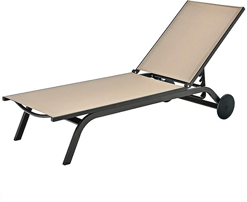 Tangkula Tumbona de aluminio para exteriores, silla reclinable para patio con 6 respaldos ajustables, tumbona reclinable con ruedas para playa,