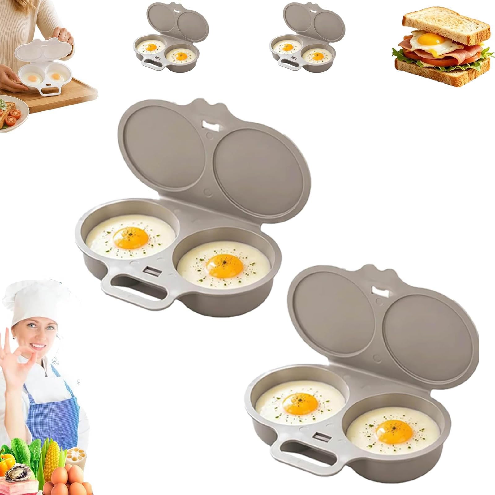2PCS Microwave Egg Poacher With Lid & Handle, Nonstick Poached Egg Maker, Dual Cavity Microwave Egg Poacher, Quick-Heat Microwave Egg Cooker for Kitchen Cooking Tool (Dark Gray)