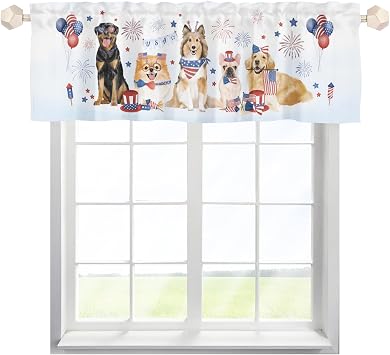 Independence Day Dogs American Flags Kitchen Valances 54x18 Dogs Lovers Gift Short Curtains Rod Pocket Window Decor Drapes for Living Room Bedroom Bathroom Laundry Cafe Farmhouse 1 Pack