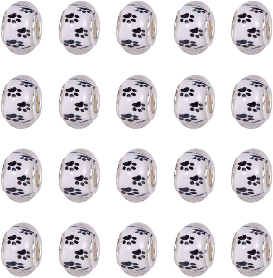 NBEADS 100pcs 14mm White Acrylic Charms Beads with Dog Paw Print Large Hole Spacer European Beads for Bracelet Jewelry Making